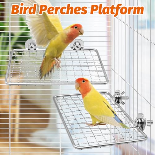 Image of BNOSDM Bird Perch Platform 2 Pcs Stainless Steel Grid Parrot Perches Stand Shelf Parrots Platform Perch Small Birds Cage Accessories for Parakeets, Budgies, Conures, Cockatiels, Lovebirds (S)