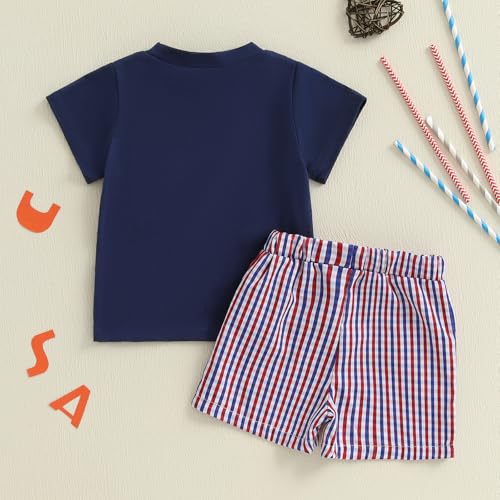 Image of 4th Of July Toddler Boy Outfit Popsicle American Flag T-Shirt and Gingham Plaid Shorts Set Independence Day Clothes