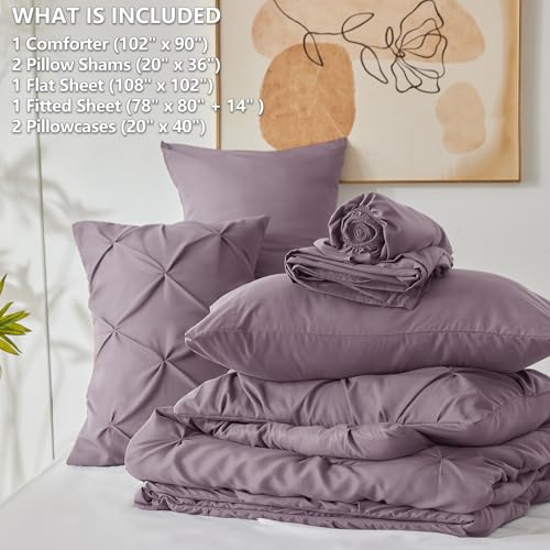 CozyLux King Size Comforter Set Grayish Purple, 7 Pieces Bed in A Bag Purple Comforter King Size, Pinch Pleat Bedding Set with All Season Comforter, Sheets, Pillowcases & Shams