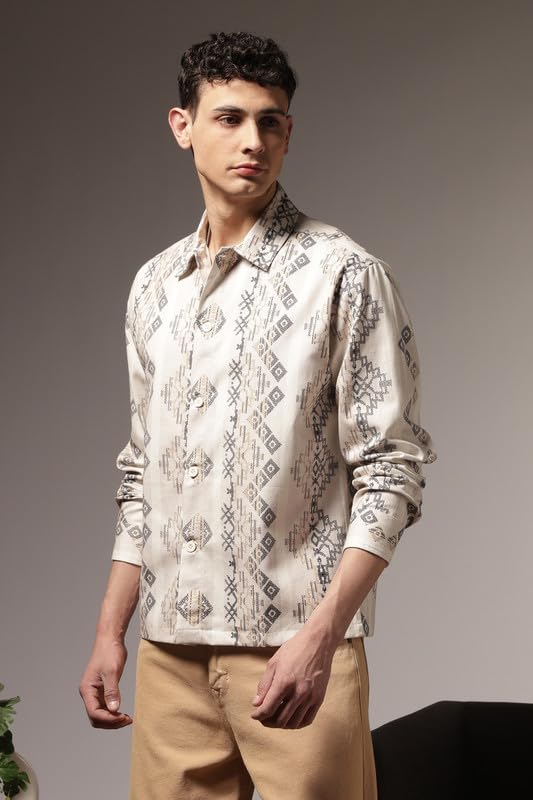 Image of Eszett Men's Printed Cotton Casual Wear Shirt| Regular Fit | Full Sleeve | Collared Neck | Button Closure