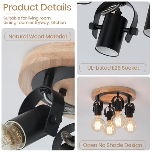 Image of 4-Light Round Flush Mount Ceiling Light,Adjustable Farmhouse Kitchen Track Light with Wood Base, Multi-Directional Dining Room Light for Island Hallway Entryway Bedroom.