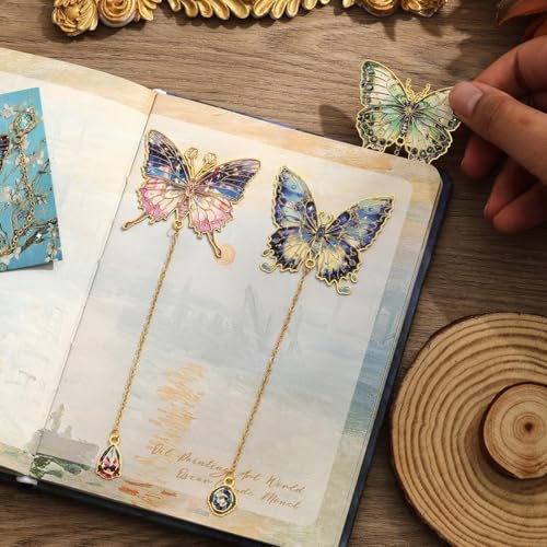 Image of 6 Pieces Metal Butterfly Bookmarks with Colorful Chains, Decorative Reading Bookmarks, Paper Cards for Gifting, Unique Book Page Markers for Students, Teachers, Women, Book Lovers