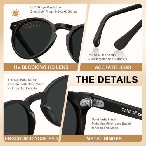 Image of CARFIA Vintage Round Polarized Sunglasses for Men Handcrafted Acetate Frame
