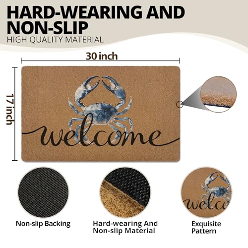 XLDLIOO Blue Crab Welcome Door Mat, Beach Framhouse Doormat, Lake Sea Welcome Front Door Mat Indoor Outdoor Entrance, Funny Artificial Coir Doormats Rugs for Patio Entry Beach House Decor 30x17in - Image 3