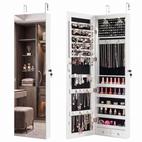 DREAMADE Jewelry Armoire, Over The Door Mirror Jewelry Cabinet, White