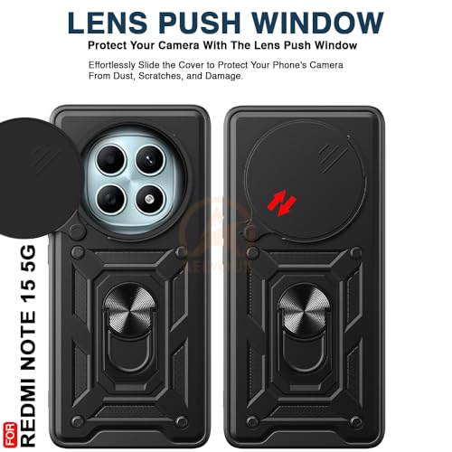 Image of Armor Bumper Back Cover Case for Redmi Note 15 5G / Poco M8 5G Rotating Camera Cover, Ring Holder & Kickstand | Heavy Duty & 360 Degree Protection Back Cover (Black)