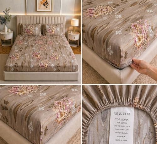 Image of Castiqa Elastic Fitted Supersoft Premium Polycotton 200TC King Size Bedsheets with 2 Pillow Covers (Fits Upto Mattress of 8Inches) (Camel, Full 72x78x8Inch)