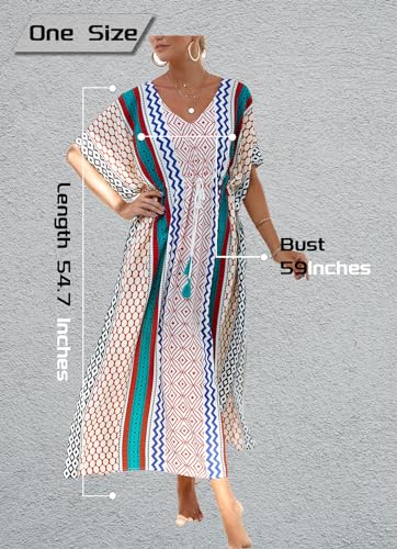 Caftan Dresses for Women Geometric Print Beach Dress V Neck Cover Up Kaftan Waist Drawstring Loungewear2