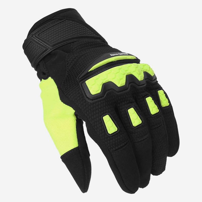 Image of Royal Enfield Urban Hustler V2 Riding Gloves 100% Polyester Air Mesh for Ventilation | TPR Knuckle Protectors | Microsuede Grip Patch | Poly Stretch Fabric for Better Flexibility NEON Green S 20CM