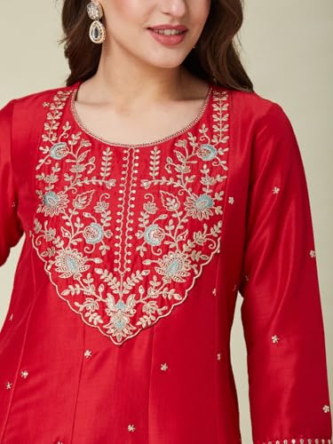 Image of MOKOSH Women's Silk Embroidered Anarkali Kurta And Pant With Dupatta Set