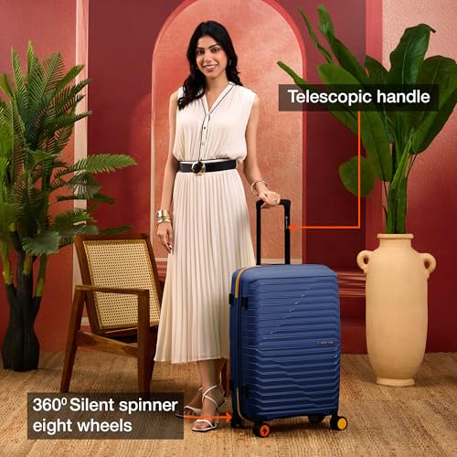 Image of Nasher Miles Cairo Hard-Sided Polypropylene Check-in Luggage 24 inch | 65cm | 8 Wheels Medium Trolley Bag for Travel | Suitcase (Navy Blue & Yellow)