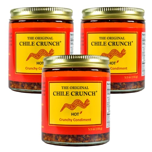 CHILE CRUNCH - Hot Spicy Crunchy Condiment - All Natural Roasted Chili Peppers, Garlic &amp; Onion Crisp Sauce - Vegan, Gluten-Free, No Preservatives - Homemade Authentic Mexican Recipe 5.5oz (3 Pack)