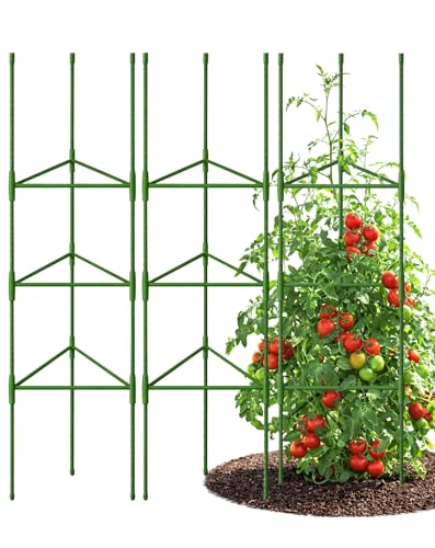 Growsun 51 inch Tomato Cage Heavy-Duty Plant Support Cucumber & Vine Vegetables – Adjustable Green Metal Garden Trellis for Climbing Plants, Indoor & Outdoor Use, 3 Pack
