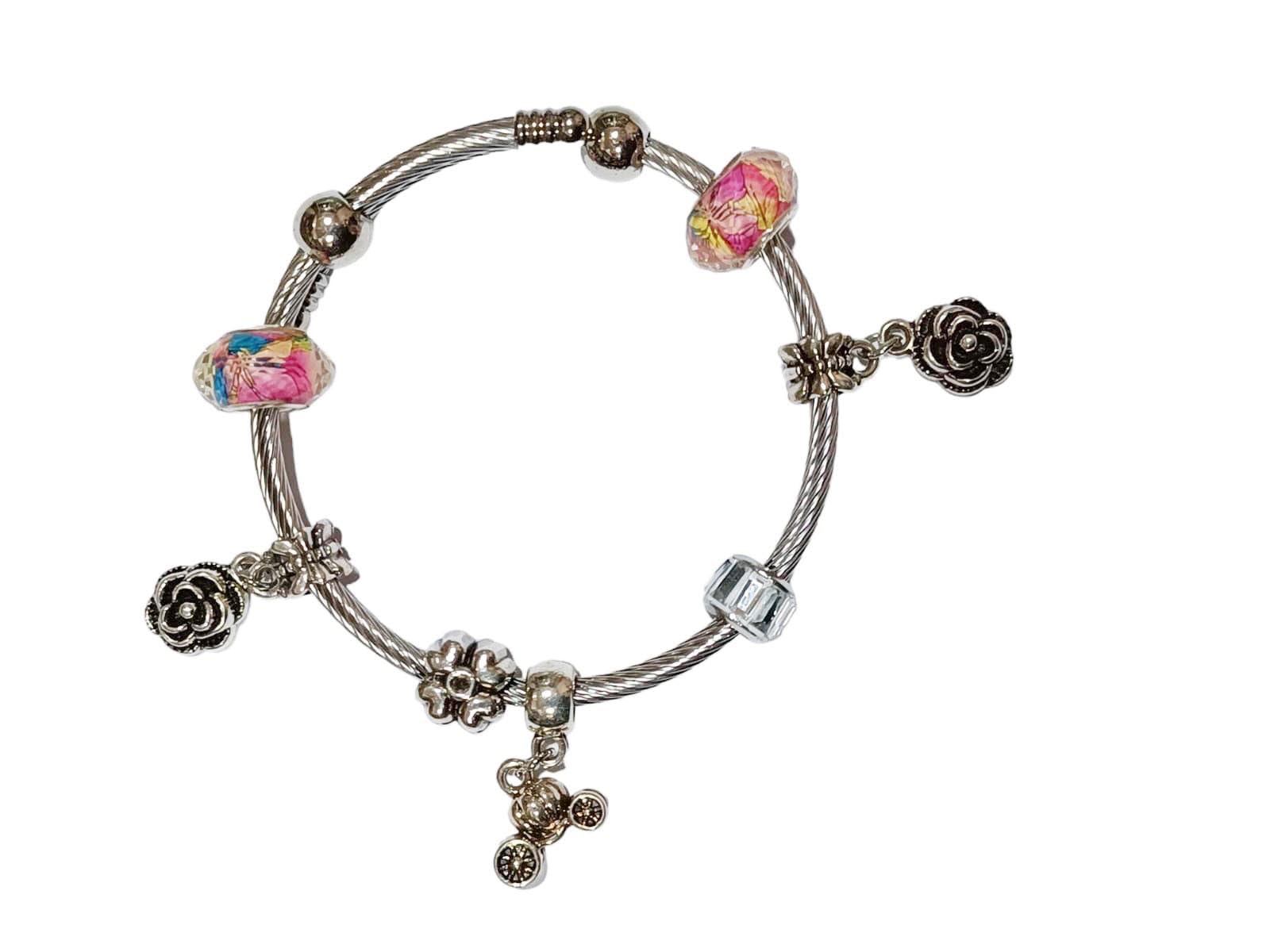 Beautiful Bike & Rose Flower Charming Designer Stainless Steel White Beads & Love Charm Pandora Bracelet for Women & Girls