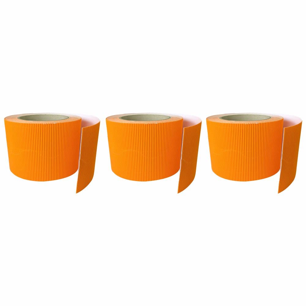 3 Ace Crafts (Pack of 3) Corrugated Display Borders Roll (Orange) size 57mm x 15m for School Classroom Decoration, Bulletin Boards and Crown Making, Scalloped Edge Border Roll Fade Resistant