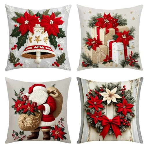 Weihnachten Kissenbezug 4er Set, Weihnachtskissenbezüge Leinen 45x45...