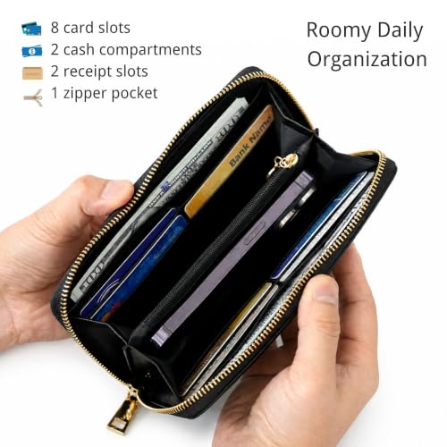 Image of ANDOILT Womens RFID Blocking Genuine Leather Zip Around Wallets Large Cell Phone Holder Clutch Travel Purse Wristlet (Black)