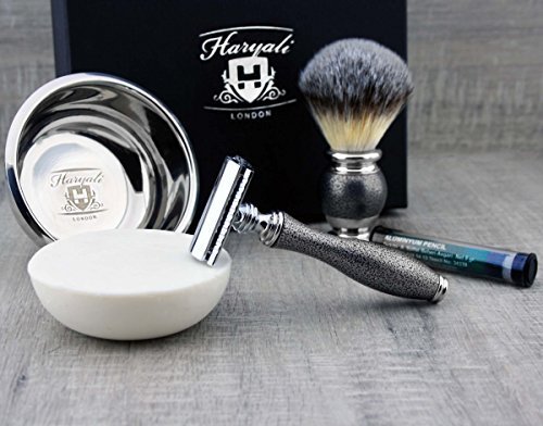 Set di 4 pezzi in stile vintage Rasoio a doppio bordo Pennello da barba sintetico, ciotola in acciaio inossidabile e sapone per la rasatura a umido