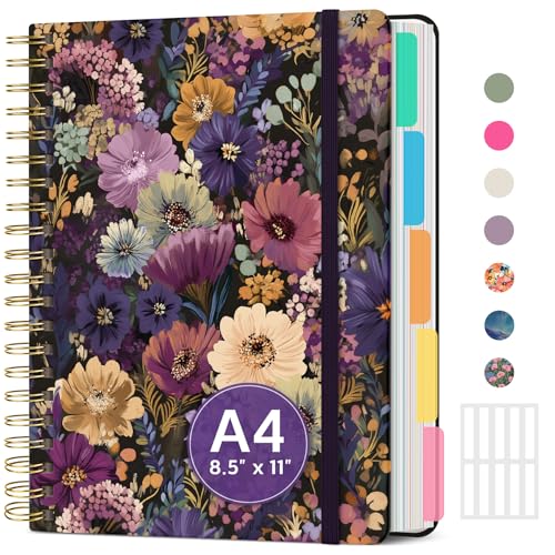 Large Spiral Lined Notebooks for Work with Removable Dividers & Tabs, 8.5'x11' Pretty Hardcover 5 Subject Notebook Journal for Women, College Ruled, Perfect for Study & Office Organization, 280 Pages,Midnight Bloom