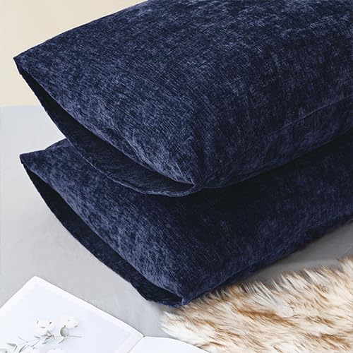 Image of CaliTime Pack of 2 Cozy Standard Pillow Shams Cases for Bed Bedding Decoration Solid Dyed Soft Chenille 20 X 26 Inches Navy Blue