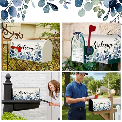 Image of Tiamon Blue Eucalyptus Mailbox Covers Magnetic Summer Welcome Letter Box Wrap Standard Size 21x18 Inch Spring Eucalyptus Leaves Mailbox Decor Summer Post Letter Box Decoration for Outdoor Garden Yard