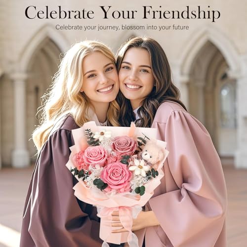 Preserved Flowers Bouquet with Bear, 3 Real Forever Flowers for Delivery, Long-Lasting Pink Eteranl Roses Bouquet Birthday Gifts for Women, Mother, Wife, Her - Image 5