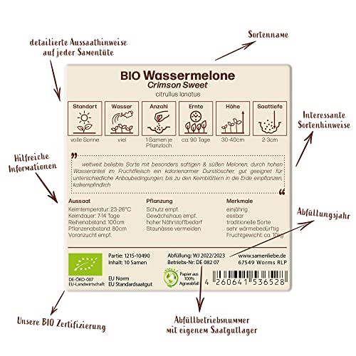 Samenliebe BIO Wassermelonen Samen alte Sorte Crimson Sweet süße Melone rund rot 10 Samen samenfestes Gemüse Saatgut für Gewächshaus Freiland und Balkon BIO Gemüsesamen - Image 5