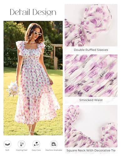 Image of GRACE KARIN 2026 Women's Spring Floral Midi Dress Square Neck Beach Wedding Guest Dresses Flowy A Line Casual Summer Clothes