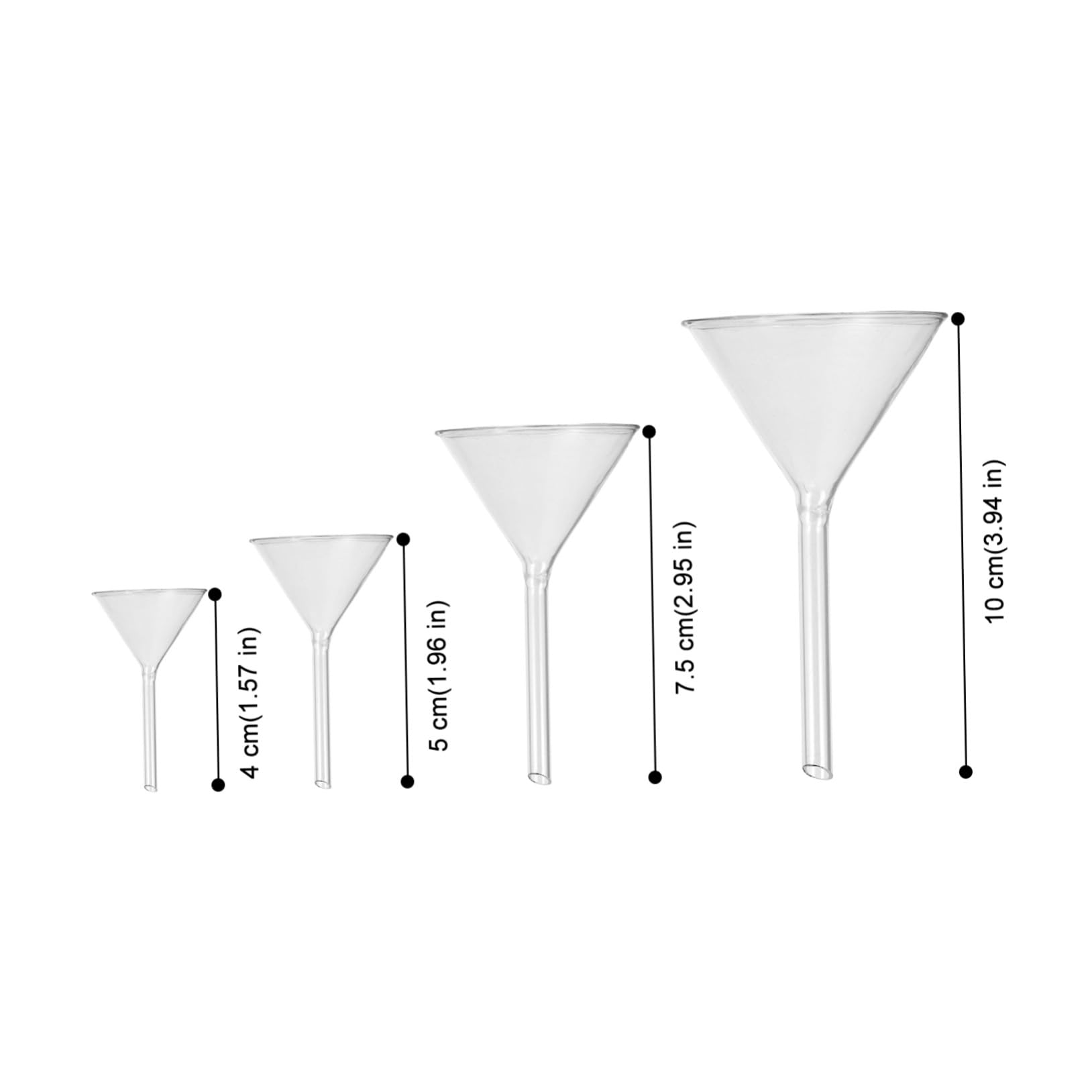 Lot de 4 Entonnoirs en Verre 40 à 100mm pour Laboratoire | Verrerie de Laboratoire, Transfert de Liquides et Remplissage de Petits Flacons, Grosse Visibilité