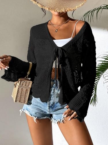 Womens Tie Front Lightweight Crochet Cardigan Shrugs Knit Cardigan Crop Tops Cover Up4