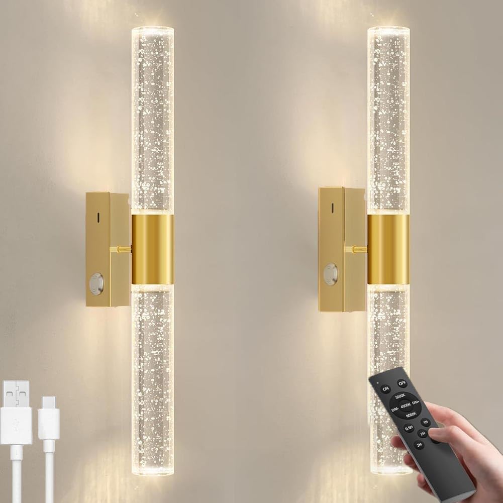2 Stück LED Akku Gold Wandleuchte Kabellose Kristall Wandlampe mit Schalter und Fernsteuerung Dimmbar Ohne Stromanschluss Wandbeleuchtung Gold Innen Nachttischlampe Up und Down Beleuchtung