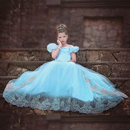 Fancy Dress Kids Girls Off Shoulder Puff Sleeve Princess Costume Pageant Cosplay Party Dress Up Clothes for Little Girl (Blue, 3-4 Years) - Thumbnail 2