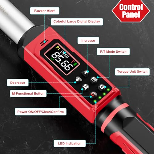 Image of SUERCUP 1 /2 inch Adjustable Digital Torque Wrench (1.5-99.6Ft.Lb /2-135N.m) | Interchangeable 14x18mm Head with 42mm Jaw & 1 /2 inch Ratchet, Vibration, Buzzer & LED Flash, for HVAC, Flare Nut & Auto Repair