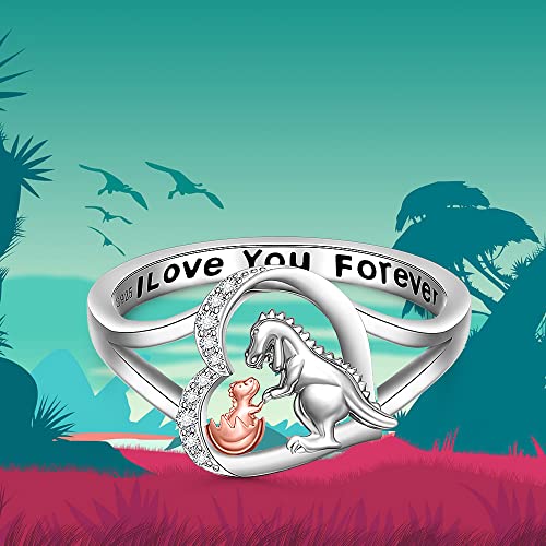 Fenthring Dinosaur Ring Heart Mothers Day Dino Rings for Women Friendship Sterling Silver I Love You Forever Animal Jewelry Band Gifts Size 6 7 8 9 103