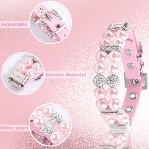 Image of HOWWFALY Dog Cat Pearl Collars with Crystal Rhinestone PU Leather Collars Necklace Adjustable CollarDog Chain Cat White Pearl Pet Collar(Pink, Small)