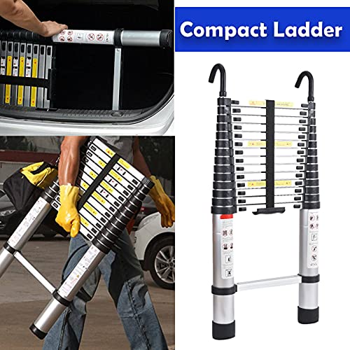 14.5Ft Extension Ladder With 2 Detachable Hooks, Aluminum Telescoping Folding Ladder 15 Steps Portable Home Ladder, 330Lbs Load En131 Certificated Anti-Slip Multi-Purpose Extendable Ladder #TOP6