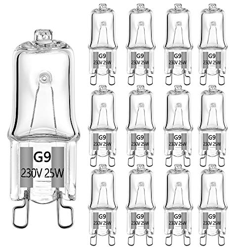 BOGAO G9 Bombilla halógena G9 T4 25W JCD Bi-Pin 250LM para candelabros, colgantes, luces de gabinete, luces de paisaje,apliques de pared, 230 V regulables, 2700 K blanco cálido (paquete de 12)