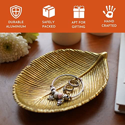 Image of Behoma Metal Leaf Shape 11 & 8 inches Tray | Perfect for Haldi, Mehendi, Reception Entrance Decoration | Special Navratri Tray for Centre Table | Gold (Set of 2) 1 Large & 1 Small (Only Trays)