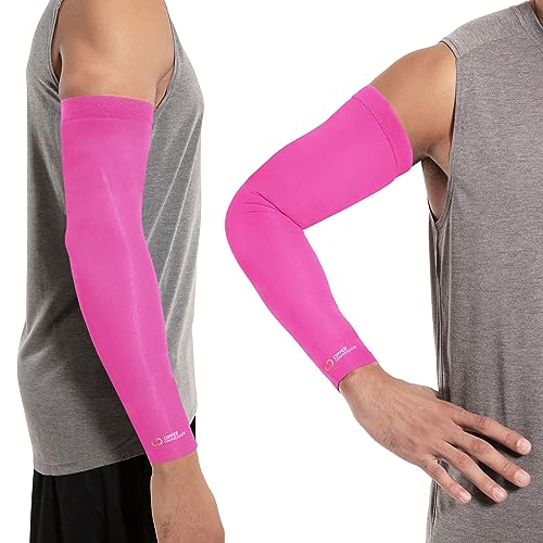 Image of Copper Compression Arm Sleeve - Copper Infused Full Arm Brace for Forearm, Bicep, Triceps - Tennis Elbow, Basketball, Golf, Arthritis, Tendonitis, Bursitis, Post Surgery Rehab - Odor Resistant - Pink - S