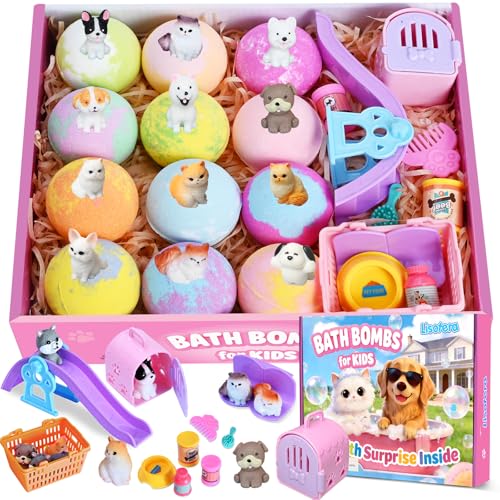 Kids Bath Bombs with Surprise Inside, Dog & Cat Toys Pretend Playset, Bubble BathBombs Fizzies 12 Pack Gift Set for Boys Grils, Birthdays Halloween Christmas Gift for Boys Girls