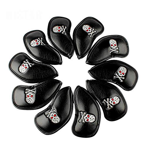 SEACLOUD 10Pcs Golf Skull Thick Synthetic Leather Iron Head Covers for Golf Iron Club Head Protectors Black