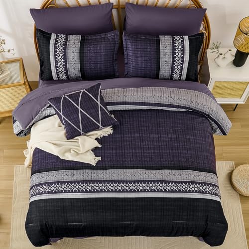 Image of Dintszyayue Purple Comforter Set Queen Size, 8 Pieces Boho Striped Bed in a Bag Soft Microfiber Bedding Set for All Season