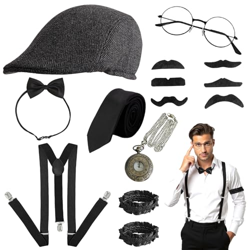 PEAKTOP 14 peças 1920s Gatsby acessórios para homem, acessórios disfarce anos 20 com chapéu relógio de bolso correia em e amarrar gravata de mão barba óculos, anos 20 homens para carnaval halloween