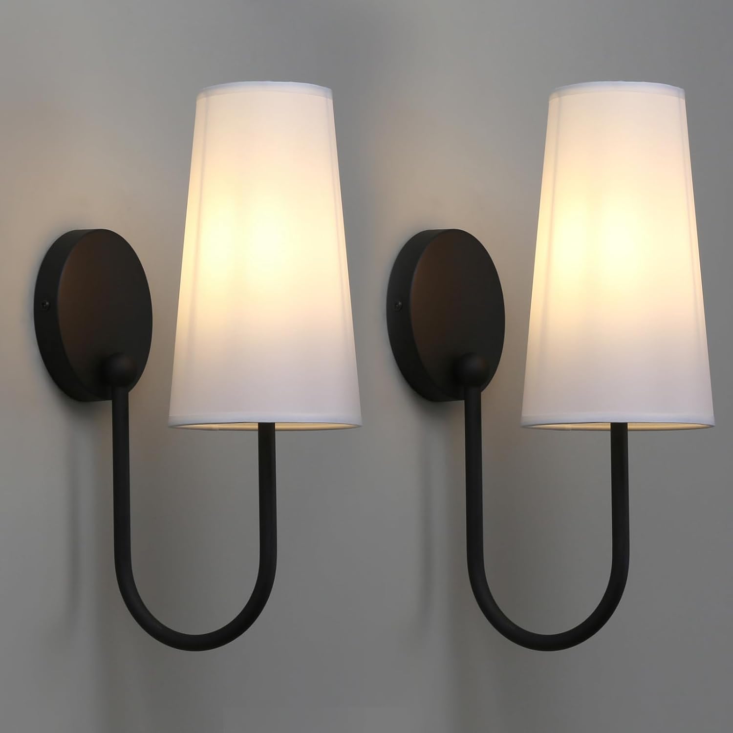 Yosoan White Fabric Shade Wall Sconce Set of 2, Vintage Industrial Hardwired Boho Wall Mounted with Long Cone Cloth Shade for Bedroom Living Room Mirror Aged Vanity(Black)