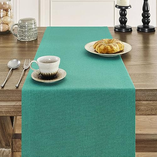 Image of ZeeMart Basic Linen Style Table Runner, 14 x 48 Inch Teal Chambray, Rustic Farmhouse Teal Table Runners 48 Inches Long, Everyday Polyester Table Runner - Machine Washable & Easy Care