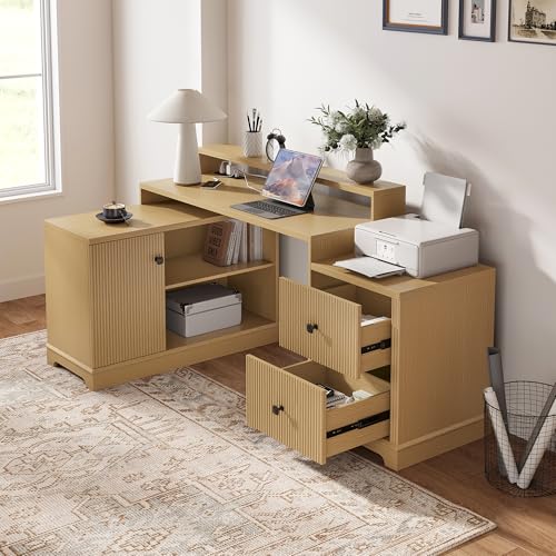 Image of 67 inch L Shaped Executive Desk with Drawers & Storage Shelf, Corner Computer Desk with Power Outlets, Home Office Desk with Monitor Stand, Printer Shelf, Computer Writing Desk for Work, Oak