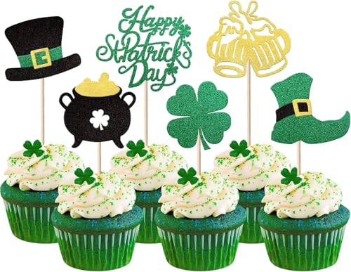 24 Stück Happy St Patrick's Day Tortendeko Glitter Vier Blatt Glückshut Bier Cupcake Toppers St.Patrick's Day Kuchen Deko für Cheers St. Patrick's Holiday Theme Party Kuchen Dekorationen