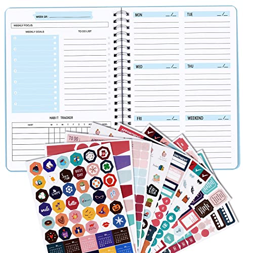 GEBETTER Agenda Planificador Semanal A5 Sin Fecha + 497 Pegatinas, Cuaderno Organizador Semanal Espiral, Weekly Planner, Lista de Tareas Planificación Productividad Vida Trabajo Estudio (Azul)