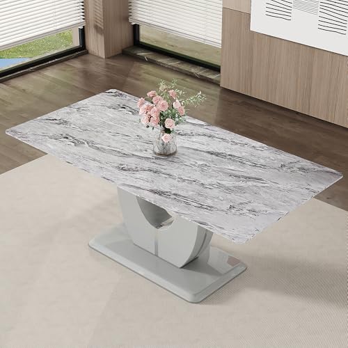 JUFU Modern Dinner Table for 6-8, 71'' Rectangular Kitchen Table with Light Gray Pattern Faux Marble Tabletop, Scratch and Heat Resistant, Ideal for Dining Room & Kitchen