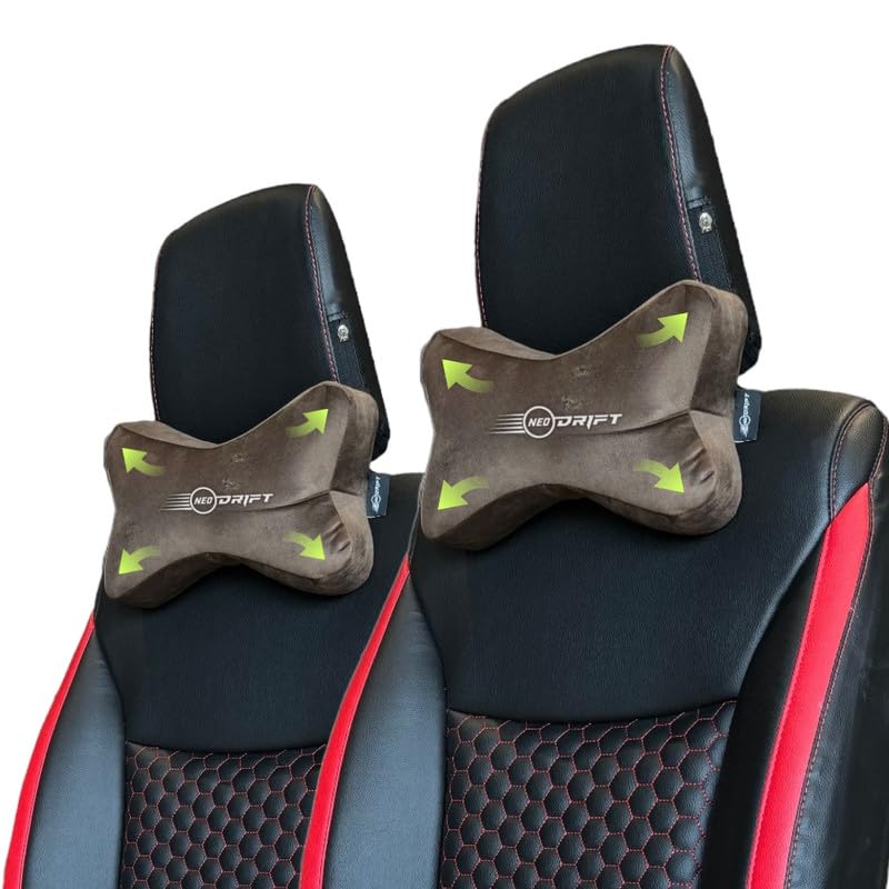 Image of Neodrift 'NeckBone' - Neck Rest Cushion Orthopedic Velvet Memory Foam Pillow for Neck, Head, Shoulder Support - Pain Relief for Car, Set of 2 (Colour-Coffee)